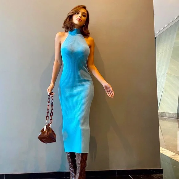 green emerald velvet dress Zara Blue Sleeveless Halter Ruched Pencil Bodycon Midi Formal Cocktail   Brie
